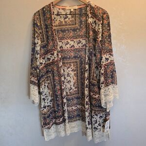 Rewind Women's XL Paisley Floral‎ Lace Trim Kimono Cardigan Duster